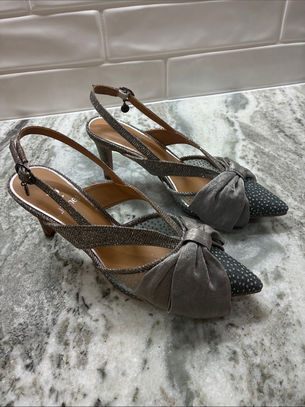 Silver Knot-Front Slingback Heels by J.Renee’